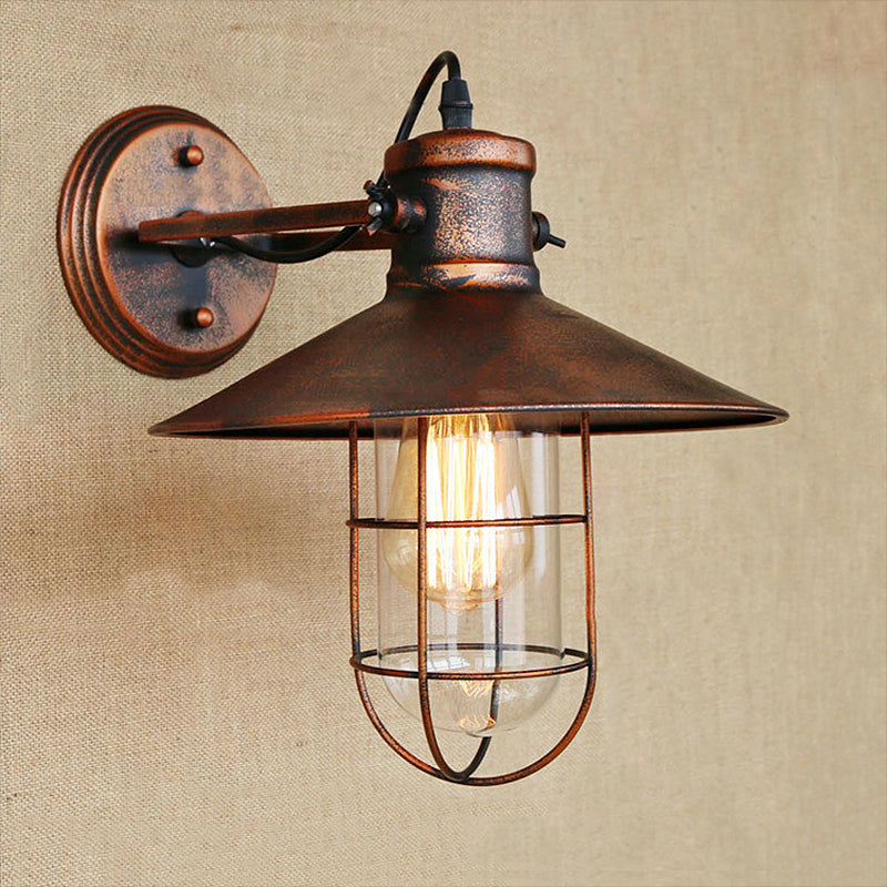 Traditional Black/Rust Caged Wall Sconce Light With Clear Glass - Ideal Coffee Shop Lighting Rust