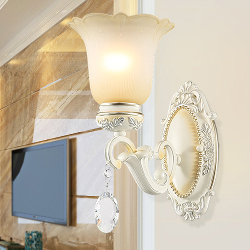 Ivory Flower Wall Sconce Light With White Glass And 1/2 Lights For Traditional Living Rooms