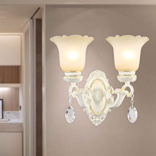 Ivory Flower Wall Sconce Light With White Glass And 1/2 Lights For Traditional Living Rooms