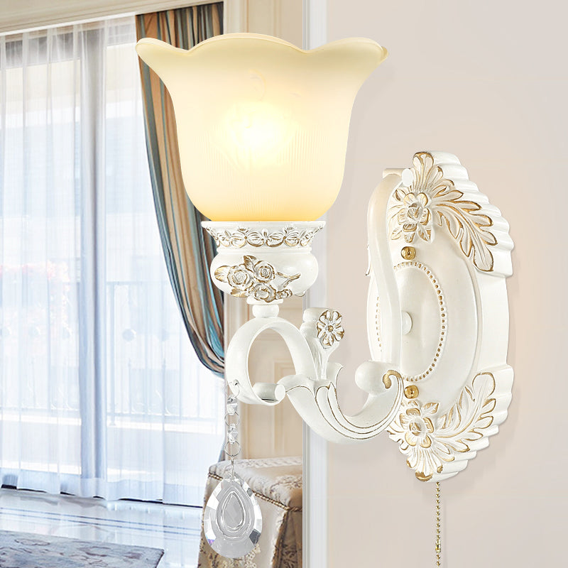 Traditional White Glass Wall Sconce Light With Scalloped Design - 1/2 Lights And Ivory Resin