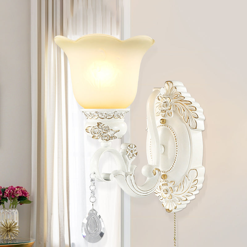 Traditional White Glass Wall Sconce Light With Scalloped Design - 1/2 Lights And Ivory Resin