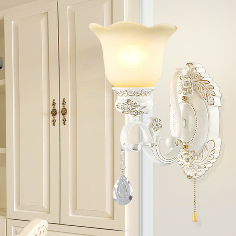 Traditional White Glass Wall Sconce Light With Scalloped Design - 1/2 Lights And Ivory Resin