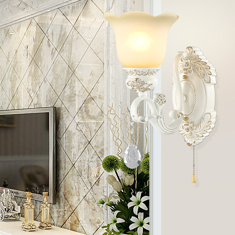 Traditional White Glass Wall Sconce Light With Scalloped Design - 1/2 Lights And Ivory Resin