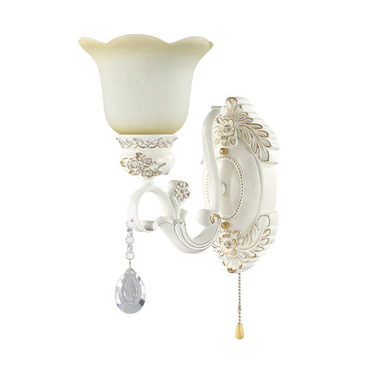 Traditional White Glass Wall Sconce Light With Scalloped Design - 1/2 Lights And Ivory Resin