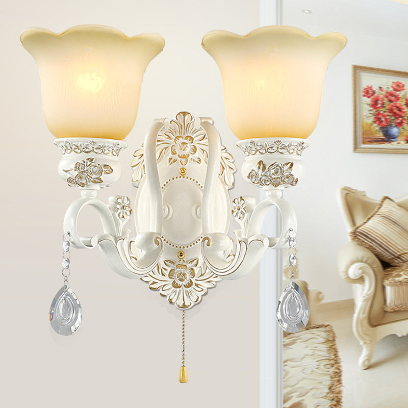 Traditional White Glass Wall Sconce Light With Scalloped Design - 1/2 Lights And Ivory Resin