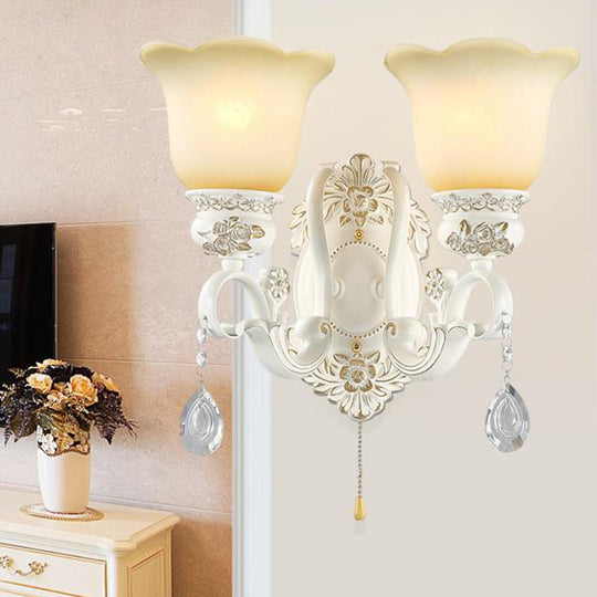 Traditional White Glass Wall Sconce Light With Scalloped Design - 1/2 Lights And Ivory Resin