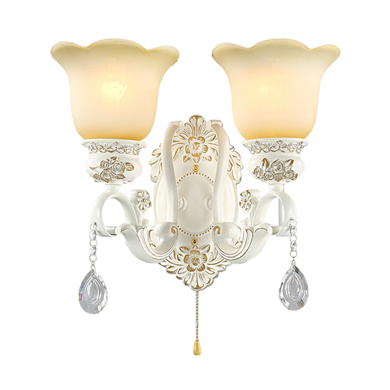 Traditional White Glass Wall Sconce Light With Scalloped Design - 1/2 Lights And Ivory Resin