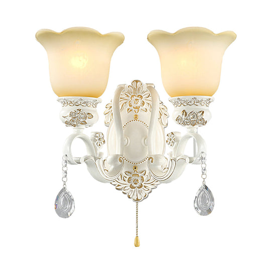 Traditional White Glass Wall Sconce Light With Scalloped Design - 1/2 Lights And Ivory Resin