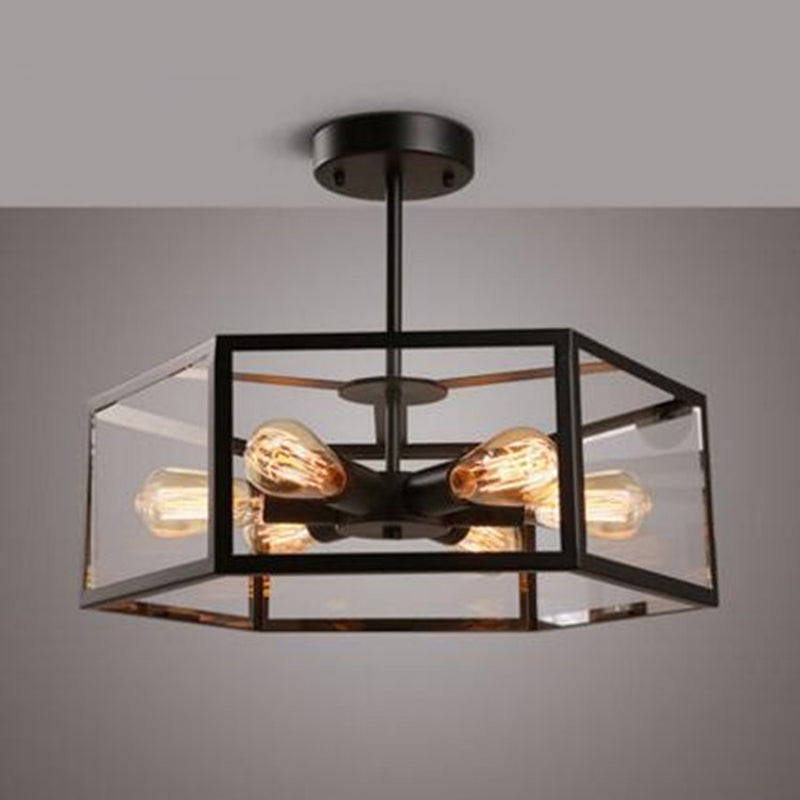 Geometric Semi Flush Mount Light | Retro Industrial Style 6-Light Metal Ceiling Fixture For Bars