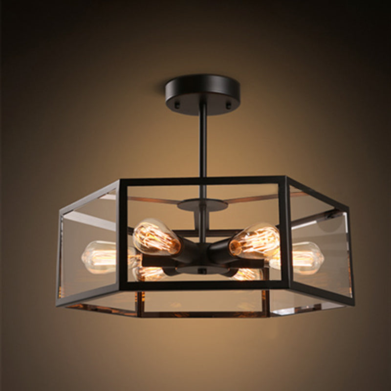 Geometric Semi Flush Mount Light | Retro Industrial Style 6-Light Metal Ceiling Fixture For Bars