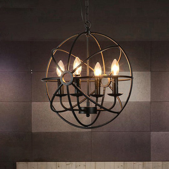 Retro Industrial Globe Pendant Chandelier - Iron Hanging Light Fixture with Candle Design for Coffee Shop Décor