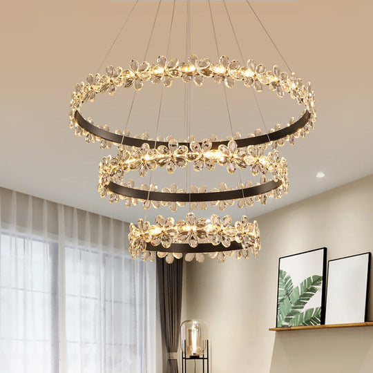 Modern Circle Chandelier With Clear Crystal And Flower Decoration - Perfect For Restaurants