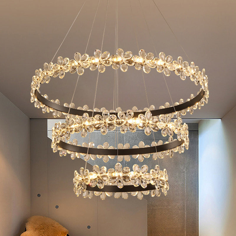 Modern Circle Chandelier With Clear Crystal And Flower Decoration - Perfect For Restaurants /