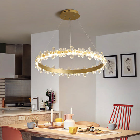 Modern Circle Chandelier With Clear Crystal And Flower Decoration - Perfect For Restaurants