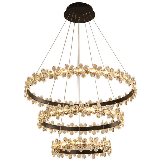 Modern Circle Chandelier With Clear Crystal And Flower Decoration - Perfect For Restaurants