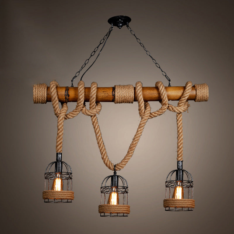 Rustic Bamboo Island Lighting Chandelier In Beige - Linear Bar Fixture