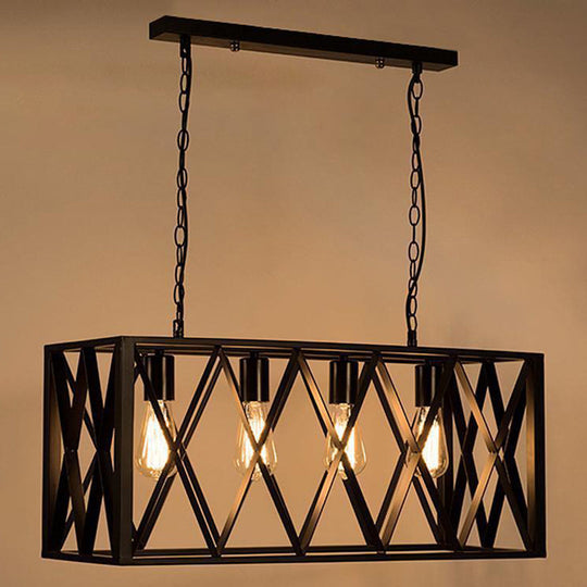 Industrial Metal Cage Island Pendant Light - Black Coffee Shop Chandelier Lamp / Chain