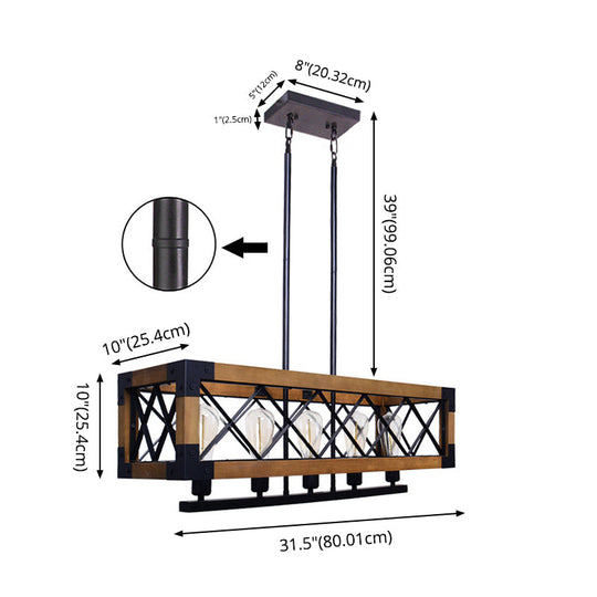 Industrial Wood Rectangular Island Chandelier Light For Living Room Decor