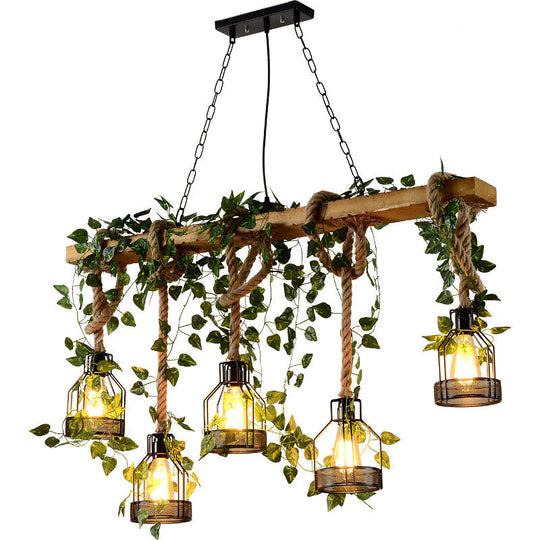 Industrial Style Wood Pendant Light With Cage Shade - Island Linear Chandelier Beige