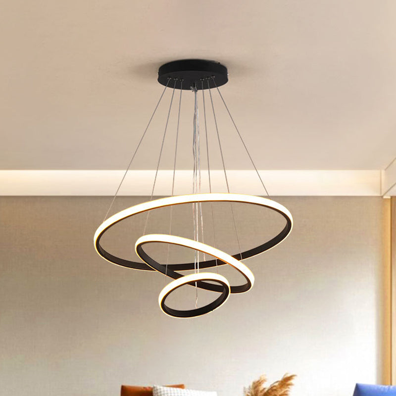 Sleek 3-Ring Led Ceiling Pendant Light: Modern Bedroom Lighting Fixture Black