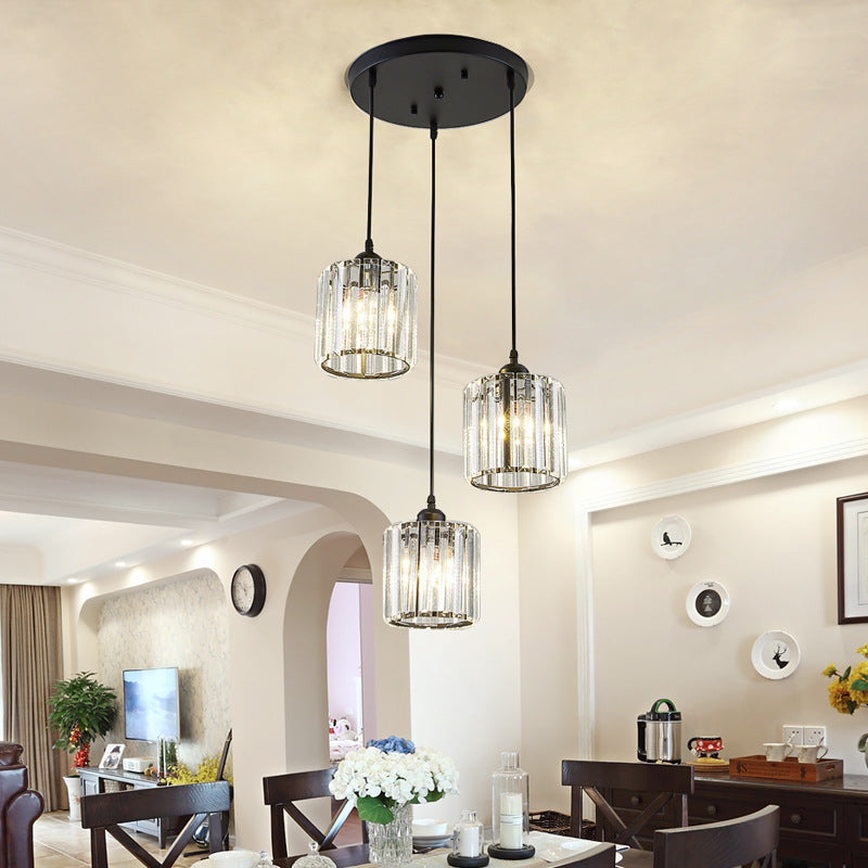 Modern Black Cylindrical Pendant Light with Crystal Shade - Stylish Suspension Lighting Fixture