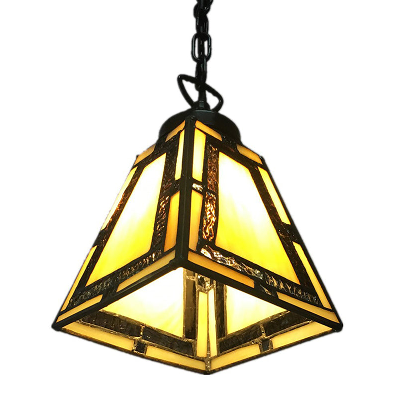 Geometric Stained Glass Pendant Light In Yellow - Mission Style For Bedroom /