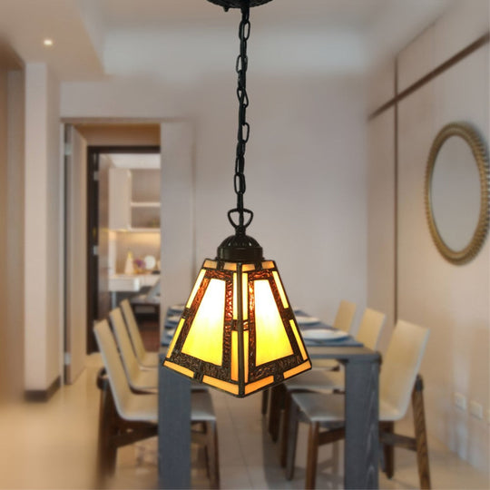 Geometric Pendant Light: Mission Style, Stained Glass, 1-Light, Yellow, for Bedroom Hanging