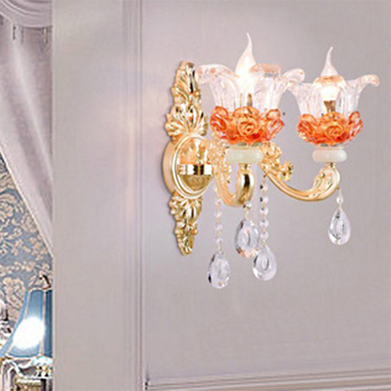 Modern Gold Petal Chandelier with Crystal Accent - Clear Textured Glass Pendant Light