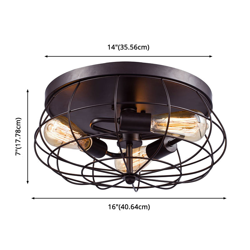 Vintage Black Metal Drum Flushmount Ceiling Light for Hallways