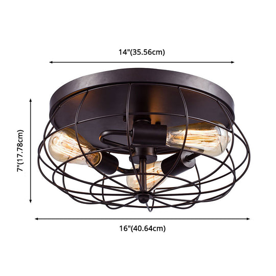 Vintage Black Metal Drum Flushmount Ceiling Light for Hallways