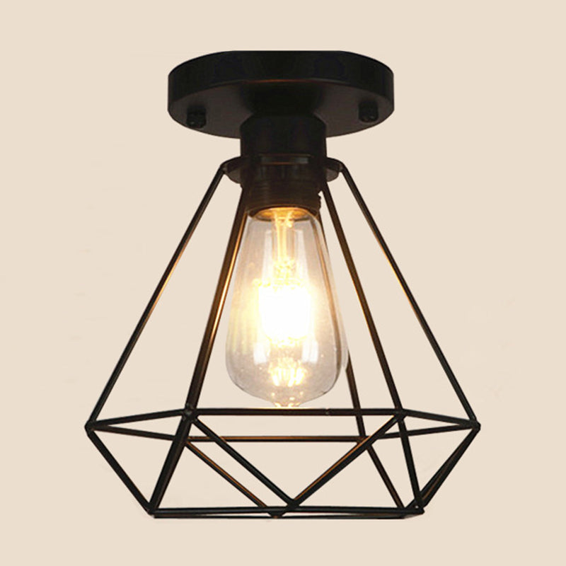 Black Metal Diamond Cage Pendant Light for Coffee Shop & Loft - Semi Flush Mount Chandelier