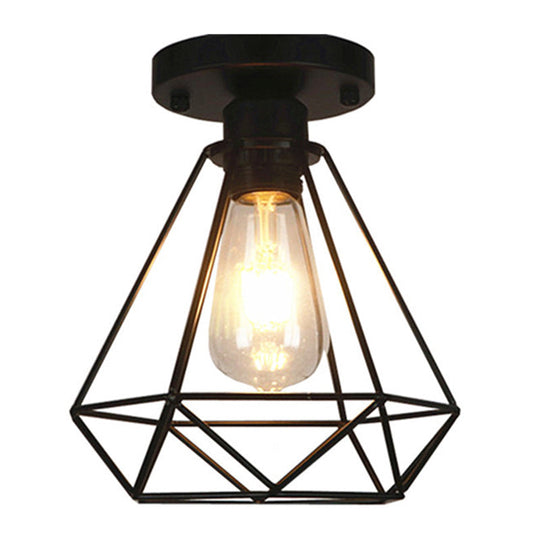 Black Metal Diamond Cage Pendant Light for Coffee Shop & Loft - Semi Flush Mount Chandelier