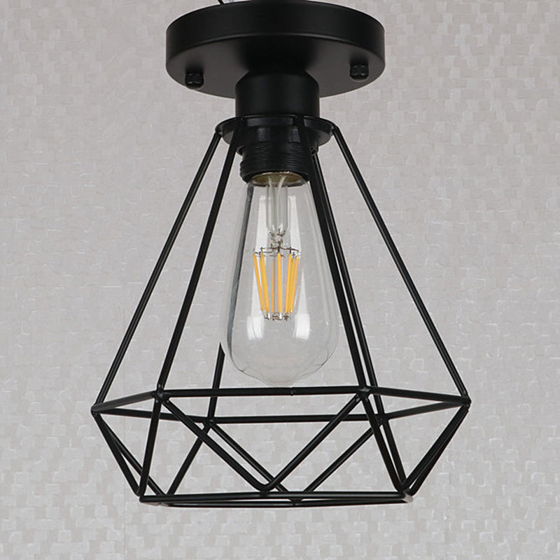 Black Metal Diamond Cage Pendant Light for Coffee Shop & Loft - Semi Flush Mount Chandelier