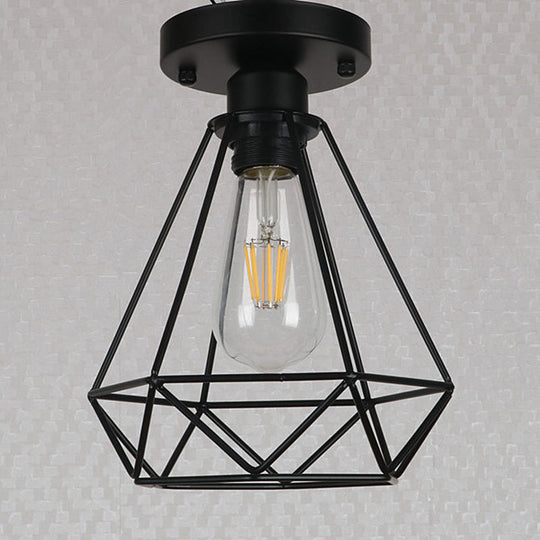 Black Metal Diamond Cage Pendant Light for Coffee Shop & Loft - Semi Flush Mount Chandelier