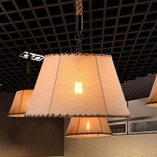 Beige Fabric Hanging Pendant Light with Adjustable Rope - Lodge Style, 1 Head, Tapered Shade