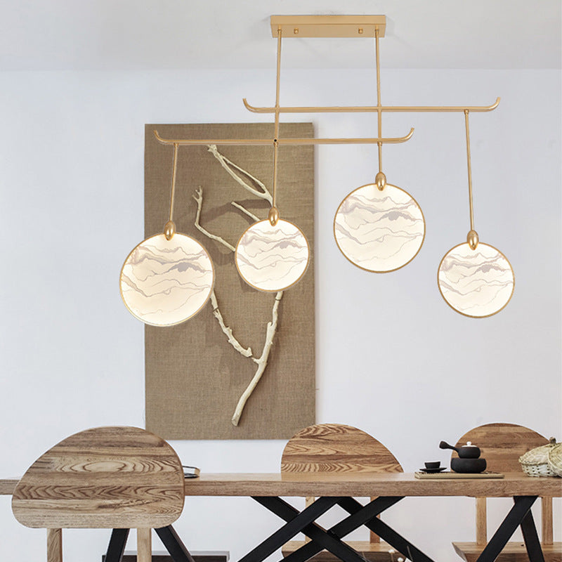 Circular Fan Island Lamp: Modern Acrylic Led Suspension Light With Landscape Print Perfect For