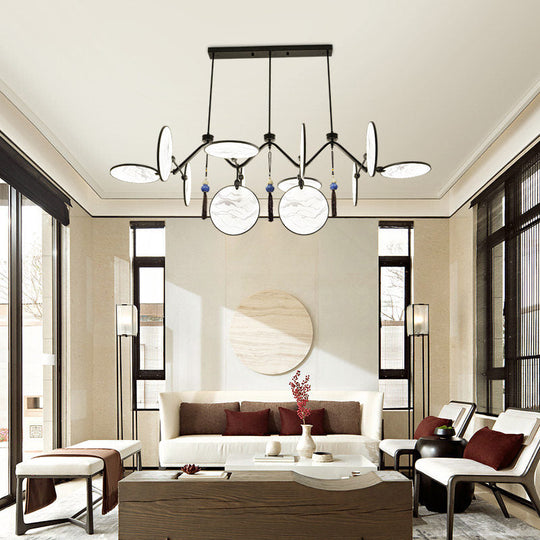 Circular Fan Island Lamp: Modern Acrylic Led Suspension Light With Landscape Print Perfect For