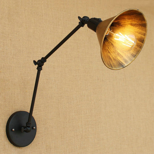 Vintage Style Swing Arm Bedroom Sconce Light With Metallic Cone Shade - Aged Brass Wall Lamp