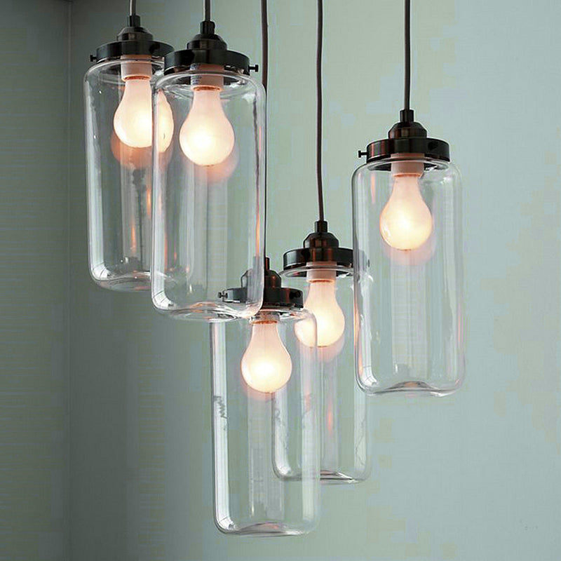 Industrial Clear Glass 5-Light Pendant Ceiling Light With Black Cylinder Design For Coffee Shops