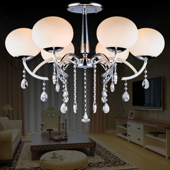 Traditional 6-Light Chrome Semi Chandelier with Milky Glass Balls and Crystal Droplets