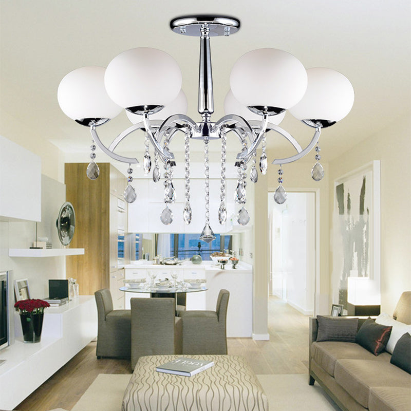 Traditional 6-Light Chrome Semi Chandelier with Milky Glass Balls and Crystal Droplets