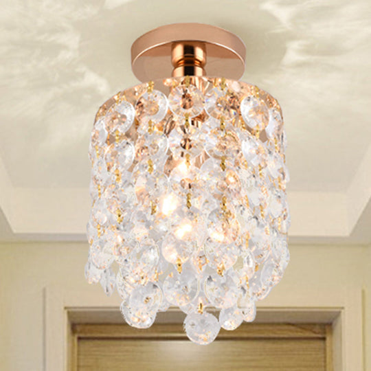 Golden Cylinder Crystal Semi-Flush Ceiling Light with Simplicity Design