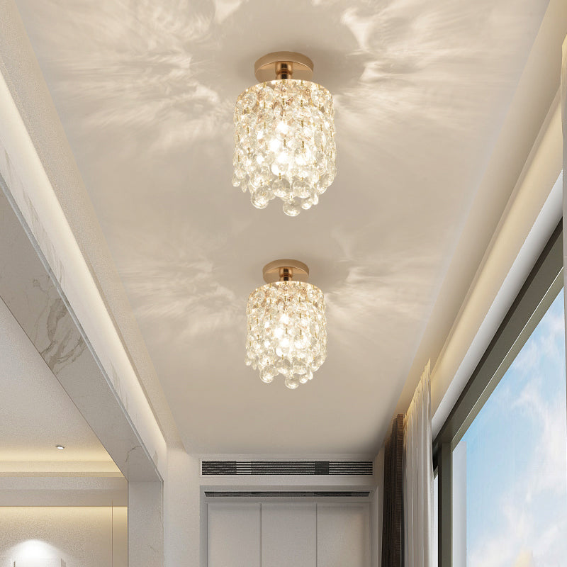 Golden Cylinder Crystal Semi-Flush Ceiling Light with Simplicity Design