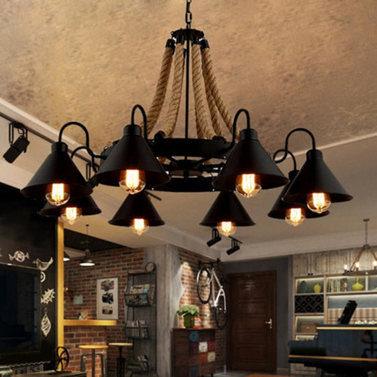 Black Rope And Metal Cone Industrial Hanging Chandelier Light - Art Design