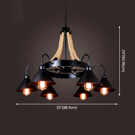 Black Rope And Metal Cone Industrial Hanging Chandelier Light - Art Design