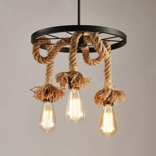 Retro Industrial Wagon Wheel Chandelier With Suspension Rope - Perfect For Restaurants 3 / Black