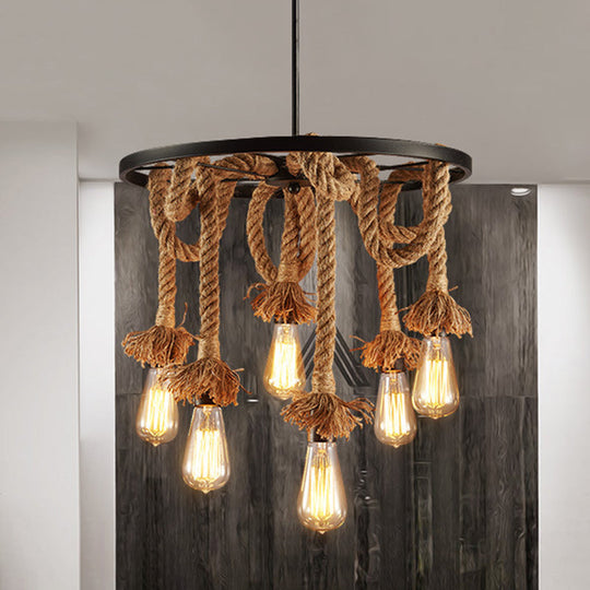 Retro Industrial Black Metal Wagon Wheel Chandelier with Rope Suspension - Restaurant Lighting