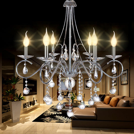 Silver Metal Chandelier With Crystal Ball Décor - 6 Heads Traditional Candle-Style Lighting For