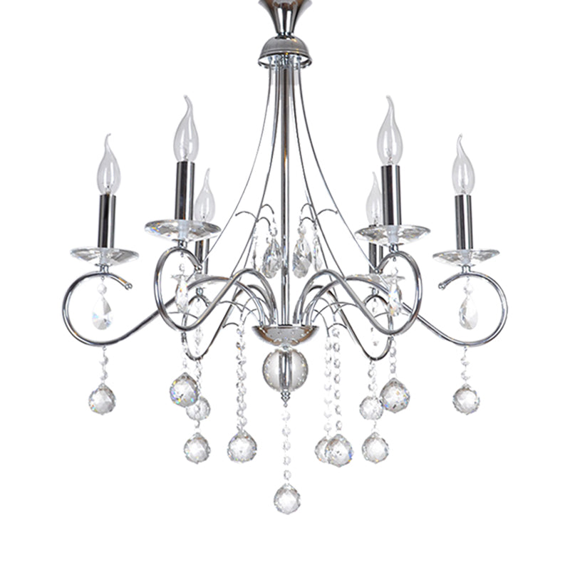 Silver Metal Chandelier With Crystal Ball Décor - 6 Heads Traditional Candle-Style Lighting For