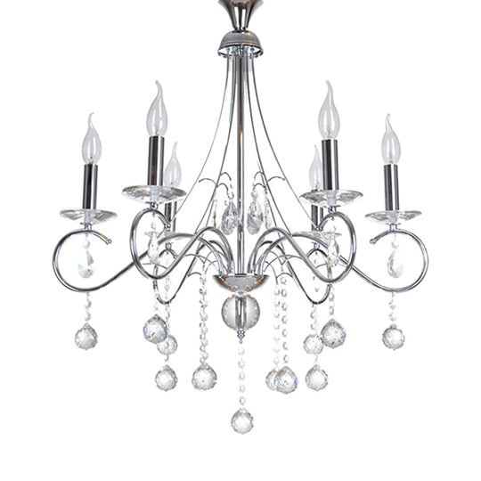 Silver Metal Chandelier With Crystal Ball Décor - 6 Heads Traditional Candle-Style Lighting For